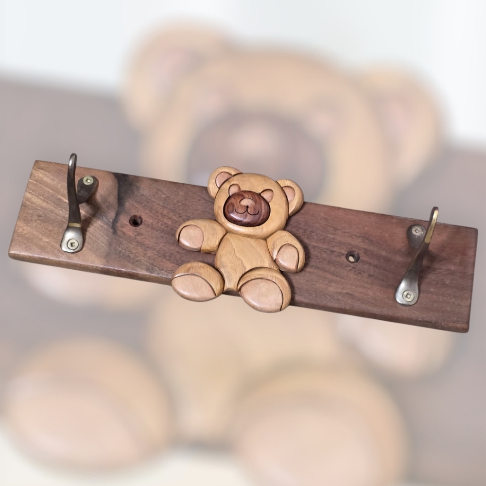 Vintage 90s Intarsia Wood Teddy Bear Wall Hook Rack – Earthwood Artisans, 11x2.5